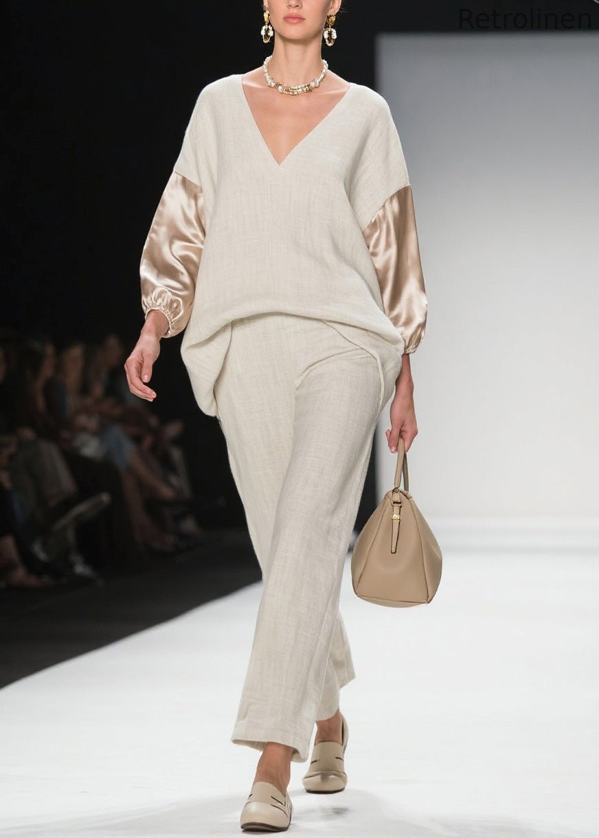 V Neck Patchwork Linen Silk Two Pieces Set Spring