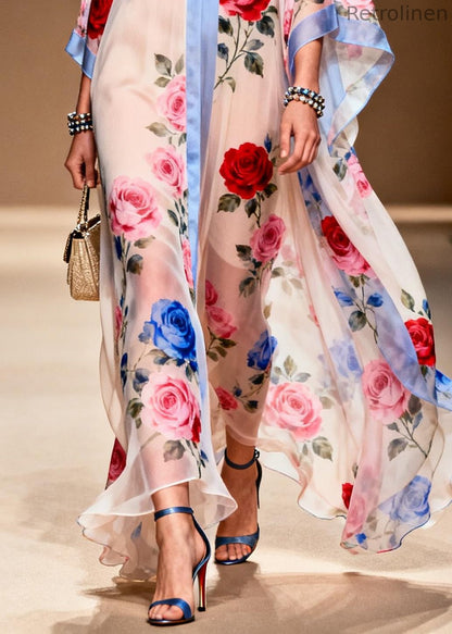French White Oversized Print Chiffon Beach Dress Summer
