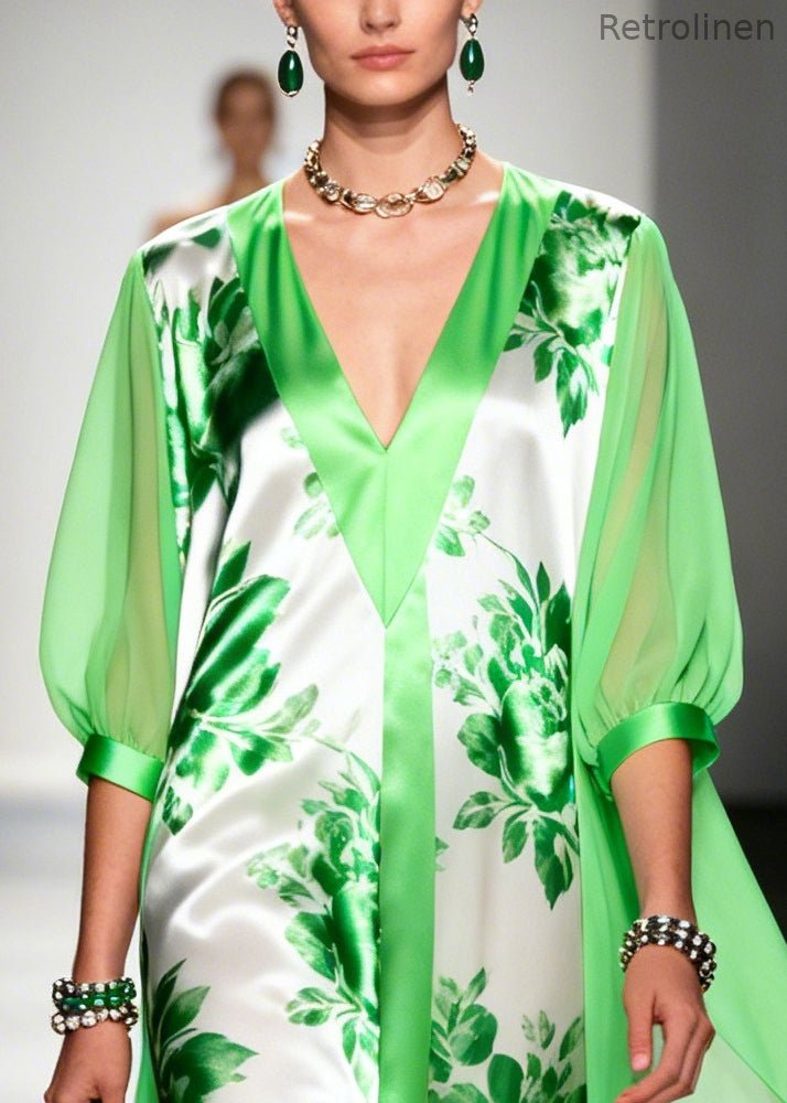 Light Green V Neck Print Chiffon Ankle Dress Summer