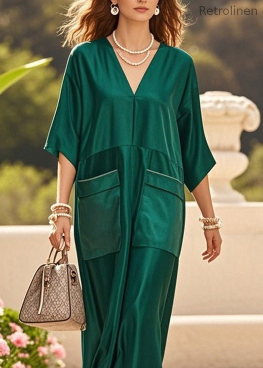 Green V Neck Pockets Patchwork Silk Dresses Summer