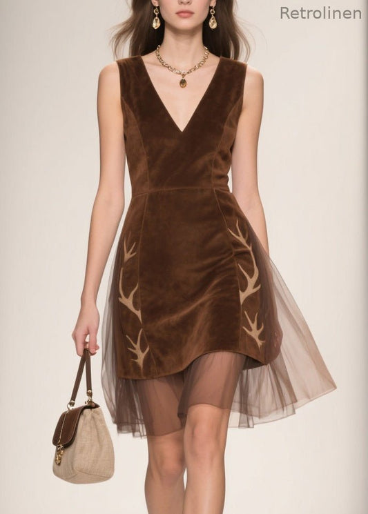 Italian V Neck Tulle Patchwork Velour Dresses Sleeveless