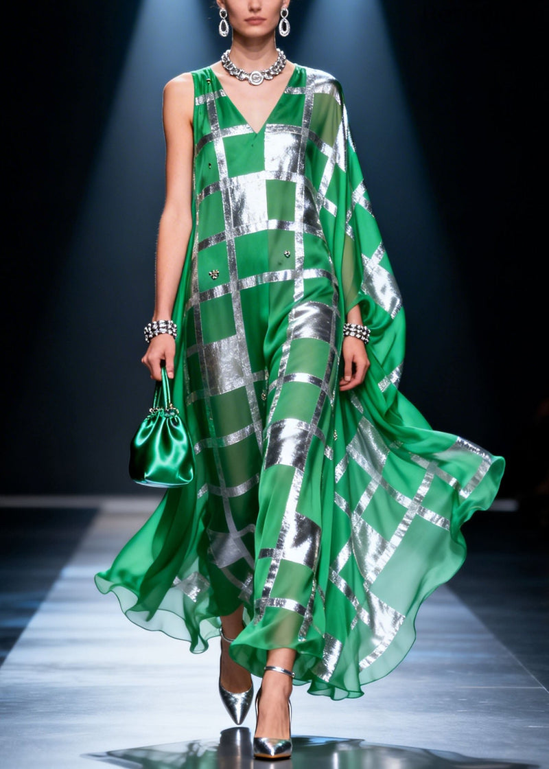 Unique Green V Neck Asymmetrical Design Print Chiffon Maxi Dresses Summer