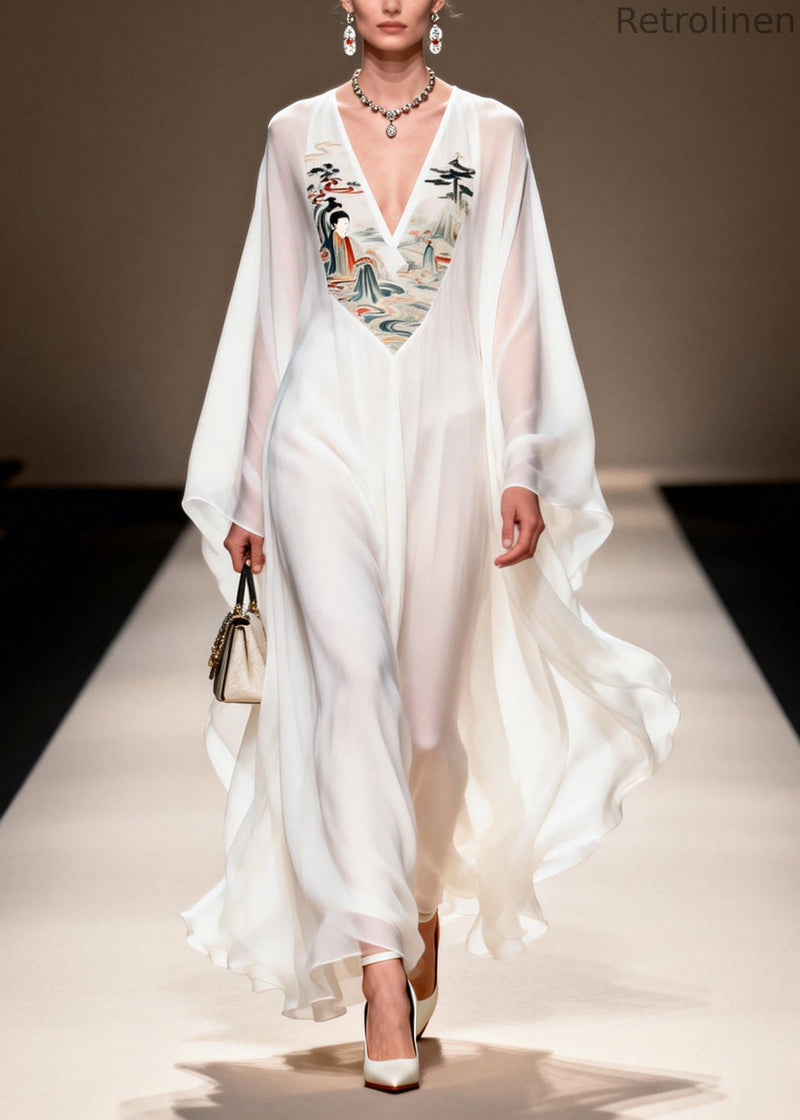White V Neck Patchwork Print Chiffon Vacation Dress Summer