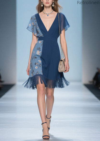 Unique V Neck Print Tassel Patchwork Cotton Dresses Summer