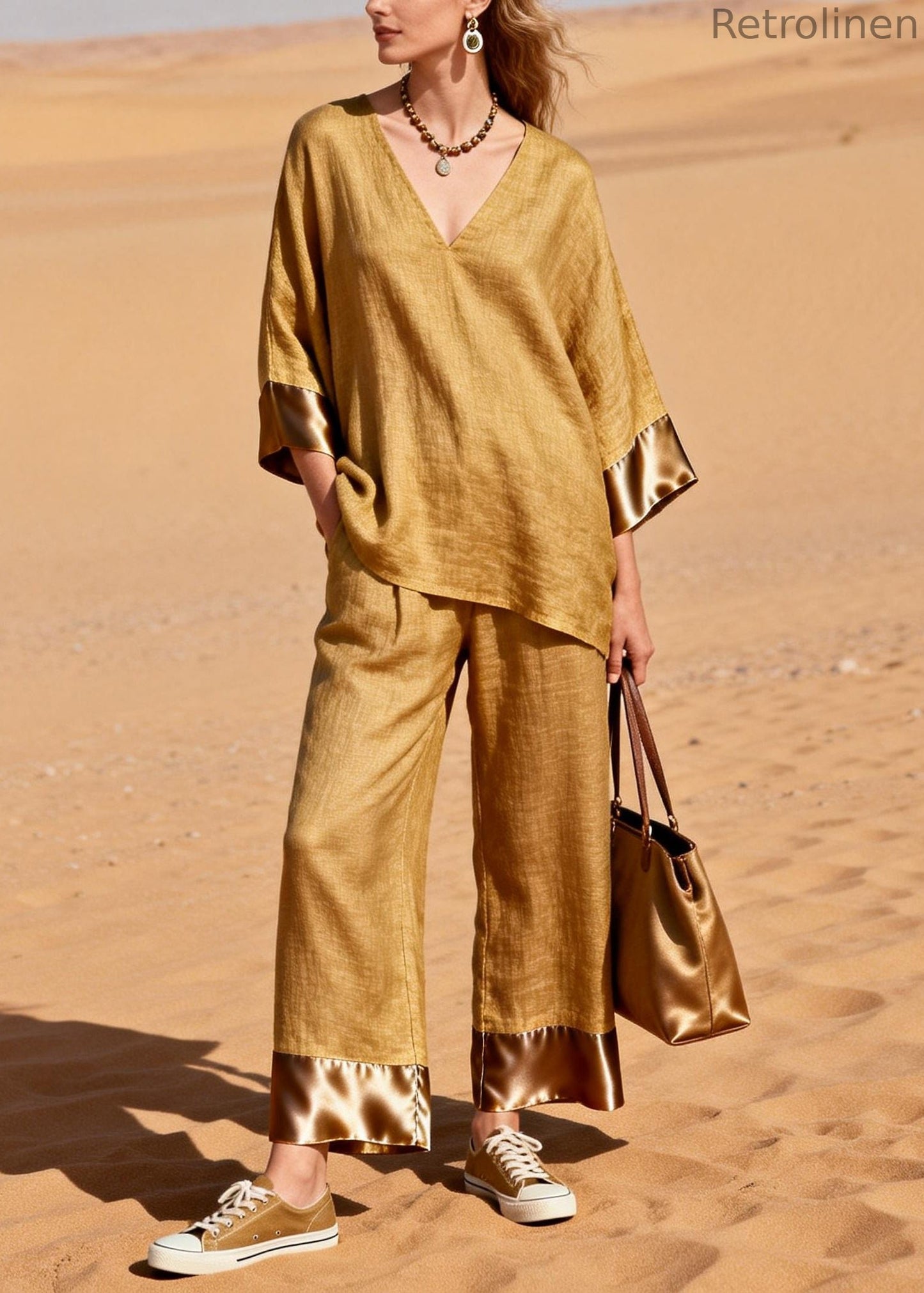 Art Yellow Oversized Patchwork Linen Two Pieces Set Spring