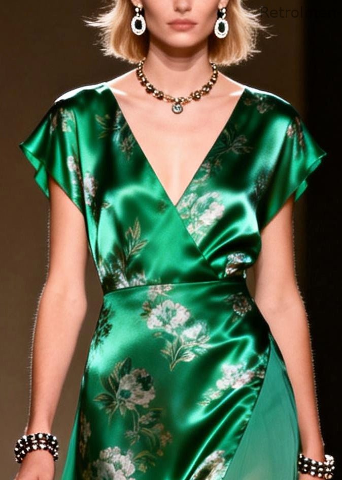 Green V Neck Patchwork Chiffon Robe Dresses Summer