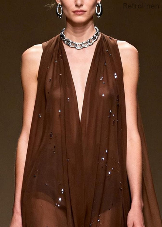 Stylish Chocolate Rhinestone Exra Large Hem Chiffon Vacation Dress Sleeveless