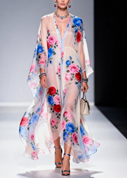 Classy White Oversized Print Chiffon Sheer Dresses Summer