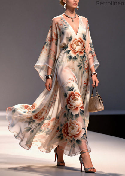 Apricot Print Chiffon Maxi Dresses Exra Large Hem Summer