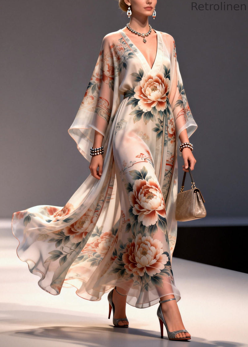 Apricot Print Chiffon Maxi Dresses Exra Large Hem Summer