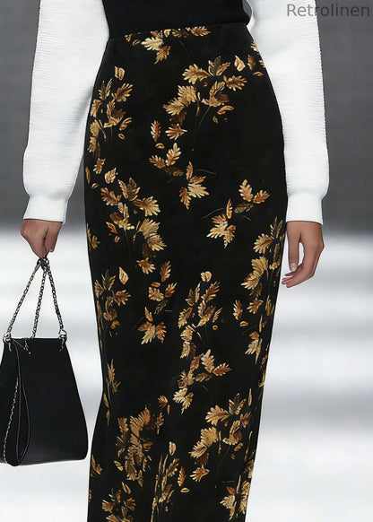 Loose Black Print Side Open Silk Velvet Skirt Spring
