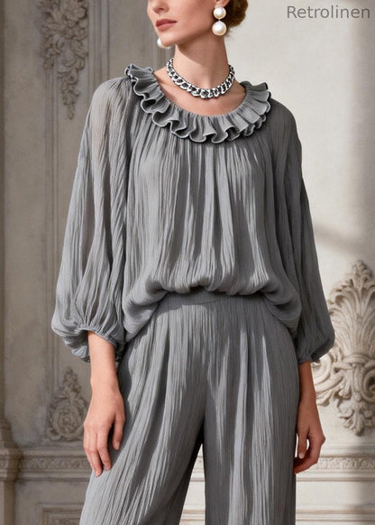 Simple Grey O Neck Ruffled Two Pieces Set Spring