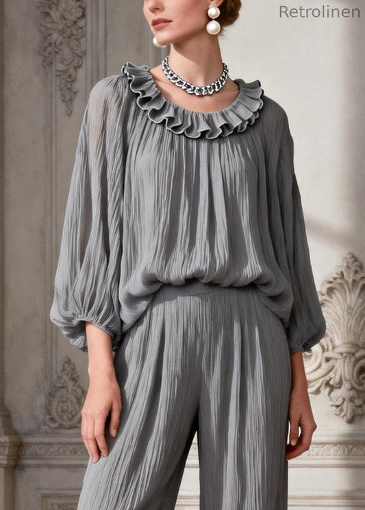 Simple Grey O Neck Ruffled Two Pieces Set Spring