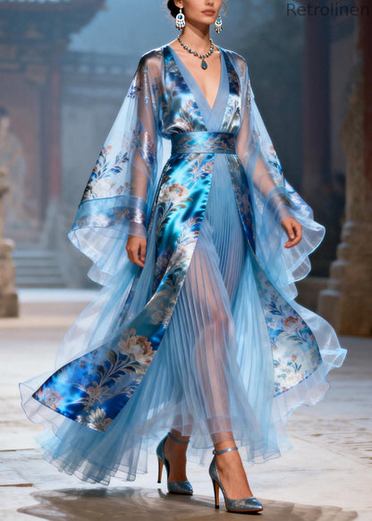 Blue Tunic Patchwork Wrinkled Chiffon Dresses Summer
