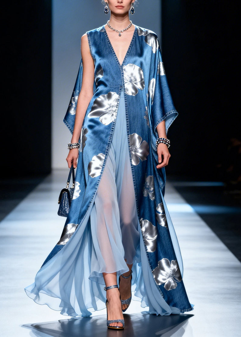 Denim Blue Patchwork Chiffon Dresses Asymmetrical Side Open Summer