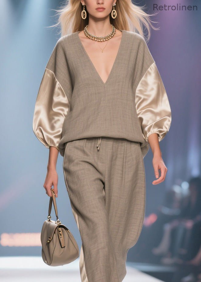 V Neck Patchwork Linen Silk Two Pieces Set Spring