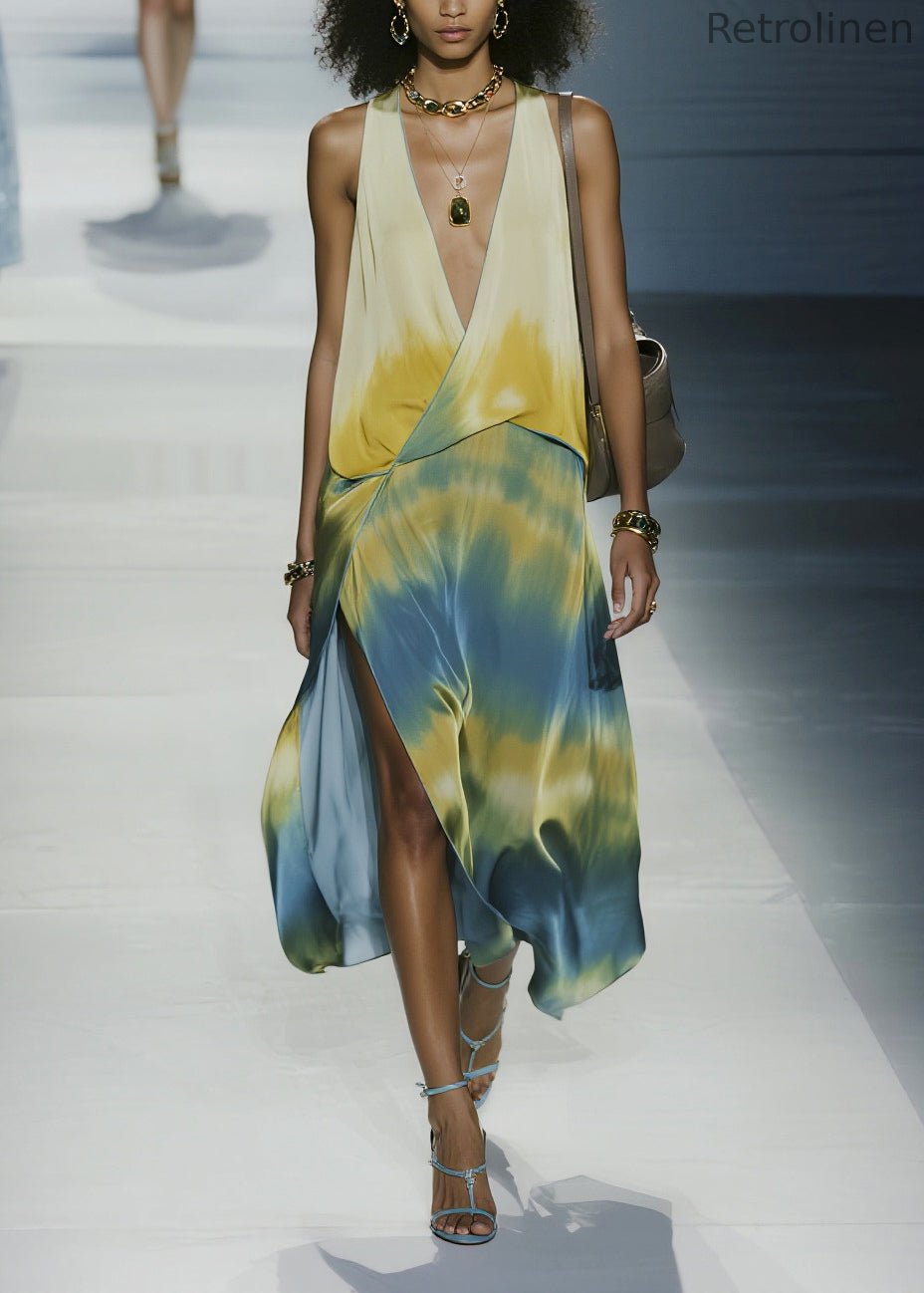 Italian Tie Dye Side Open Chiffon Maxi Dresses Sleeveless