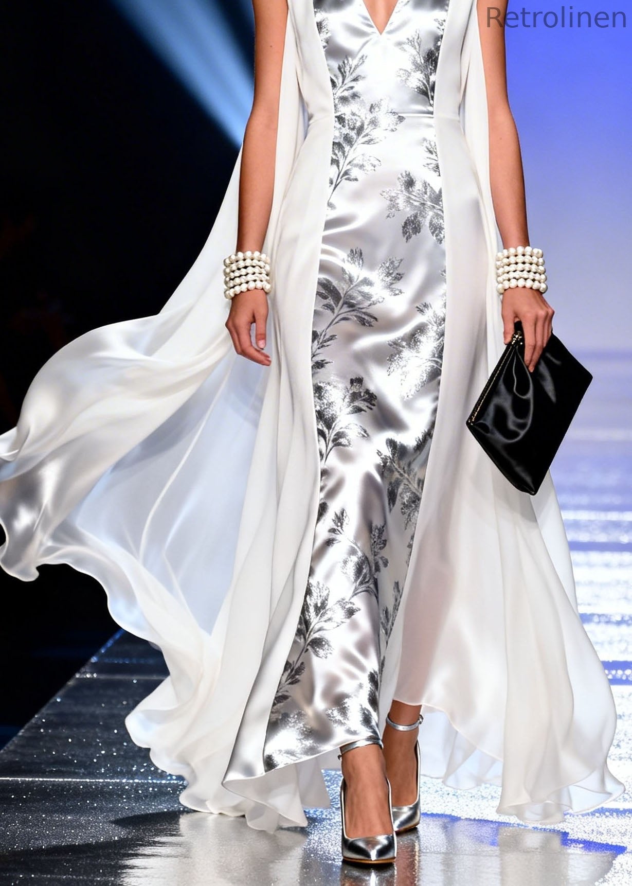Original Design V Neck Print Patchwork Silk Long Dress Sleeveless
