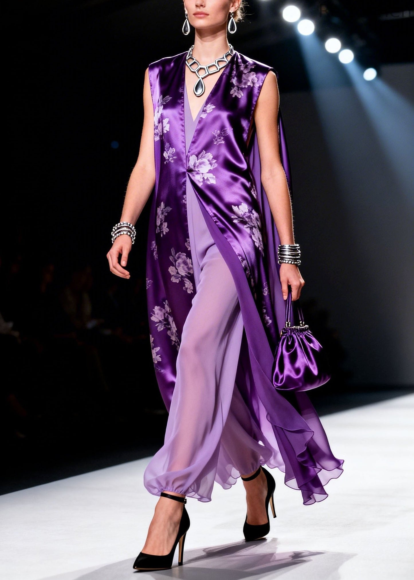 Purple V Neck Print Chiffon Two Piece Suit Set Summer