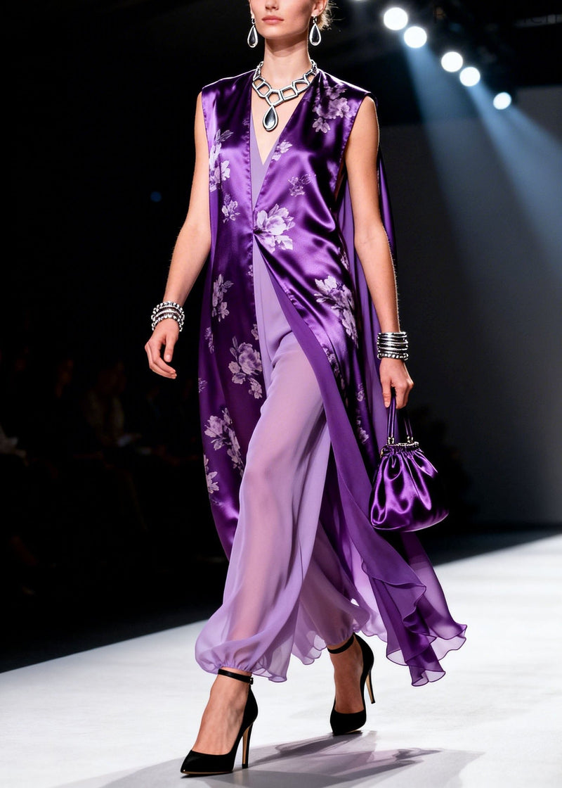 Purple V Neck Print Chiffon Two Piece Suit Set Summer