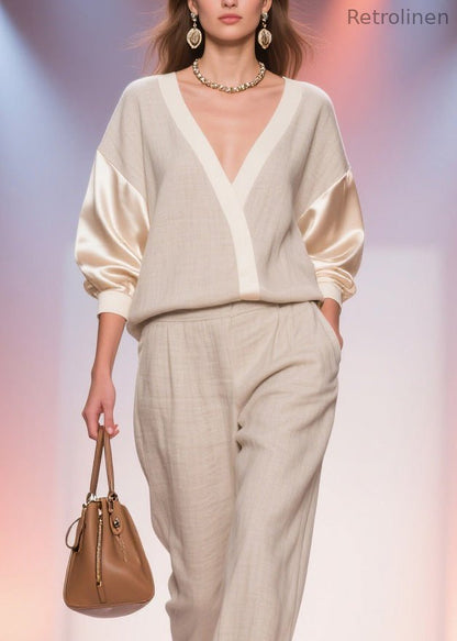 Unique V Neck Top and Pants Patchwork Linen Silk Two Pieces Set Spring