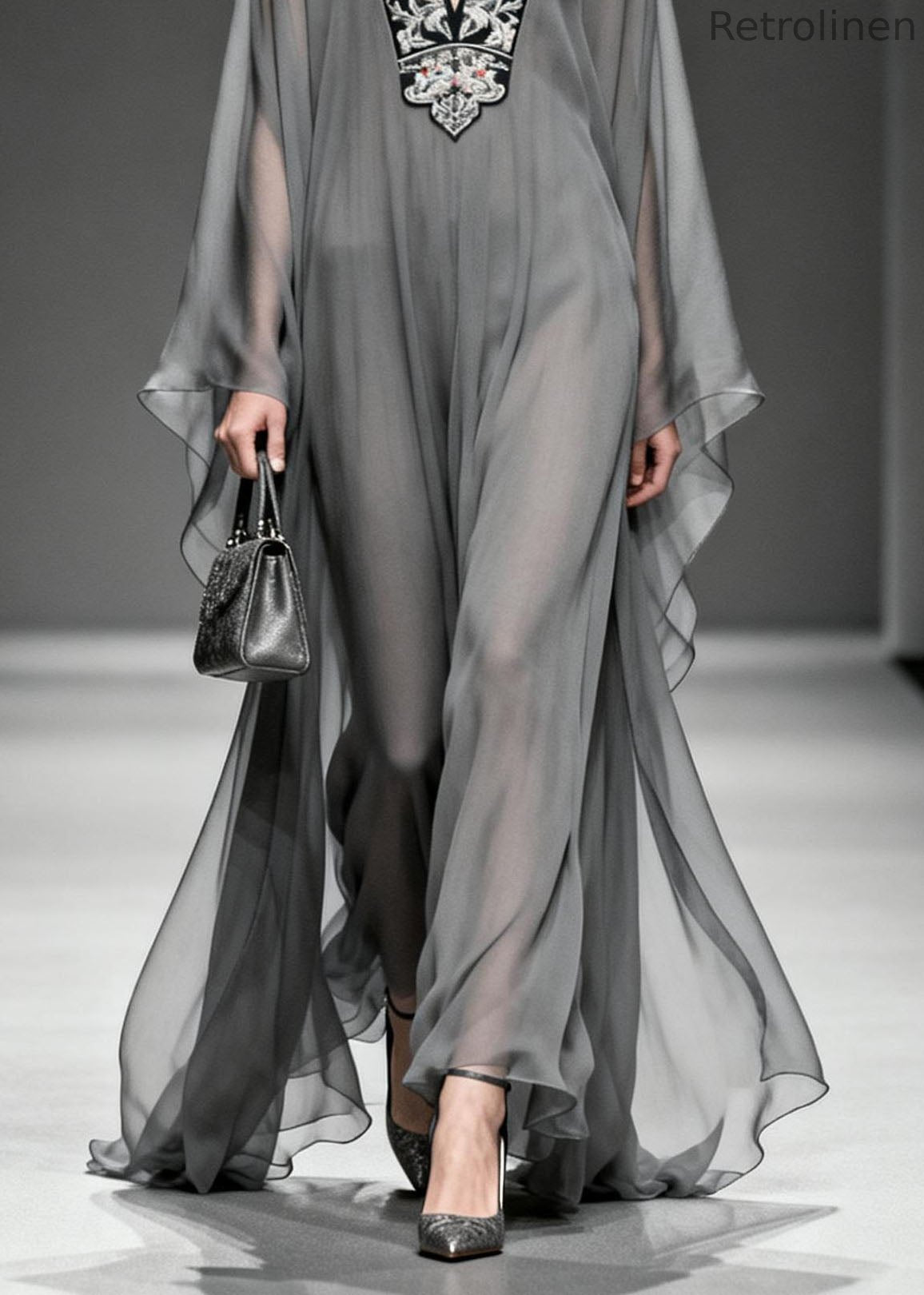 Grey V Neck Print Loose Chiffon Long Dress Spring
