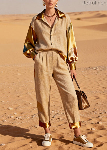 Khaki Peter Pan Collar Shirts and Crop Pants Silk Patchwork Two Pieces Set