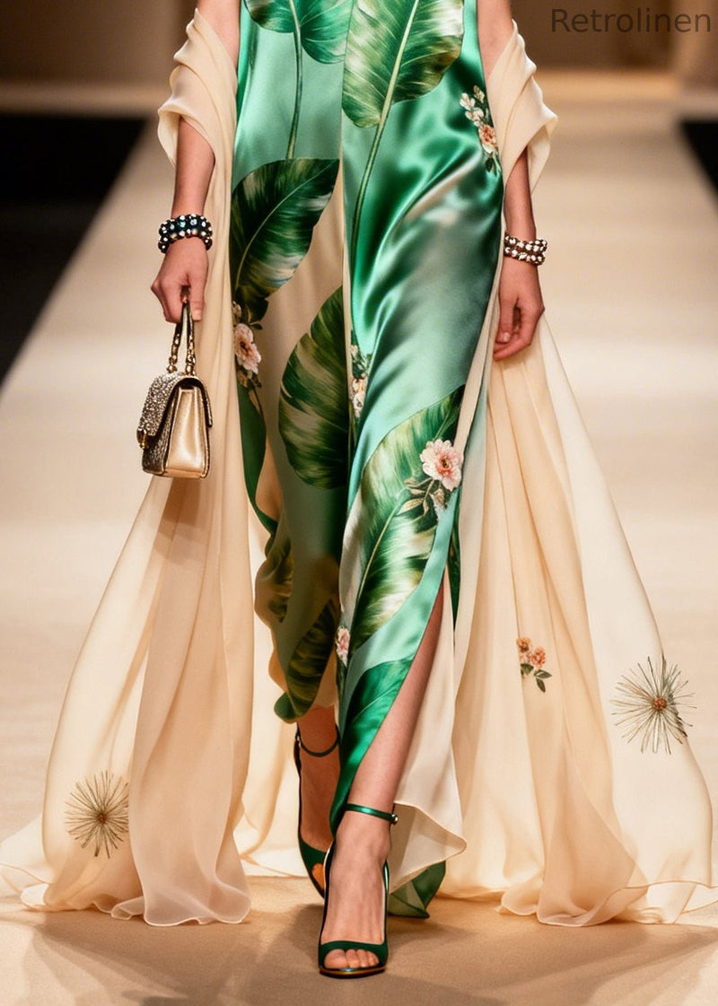 Green V Neck Print With Shawl Silk Long Dresses Summer