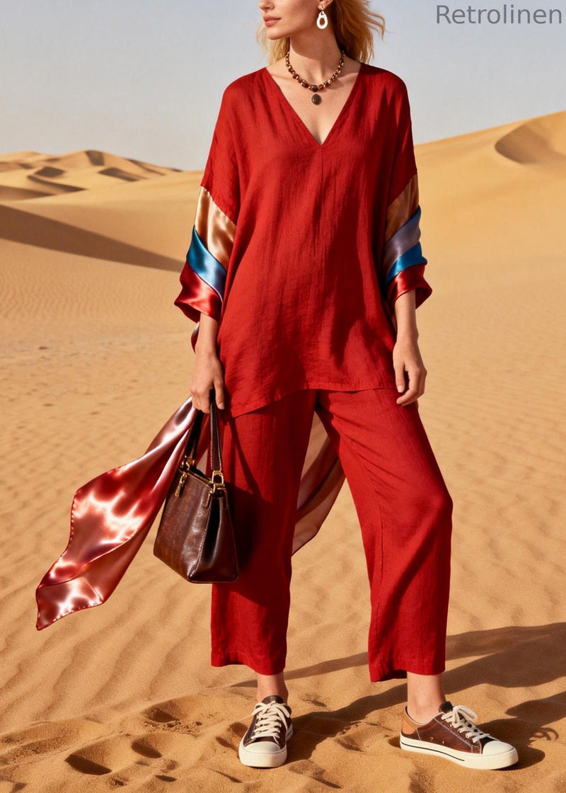 Italian Red V Neck Silk Patchwork Linen Two Piece Set Outfits Summer