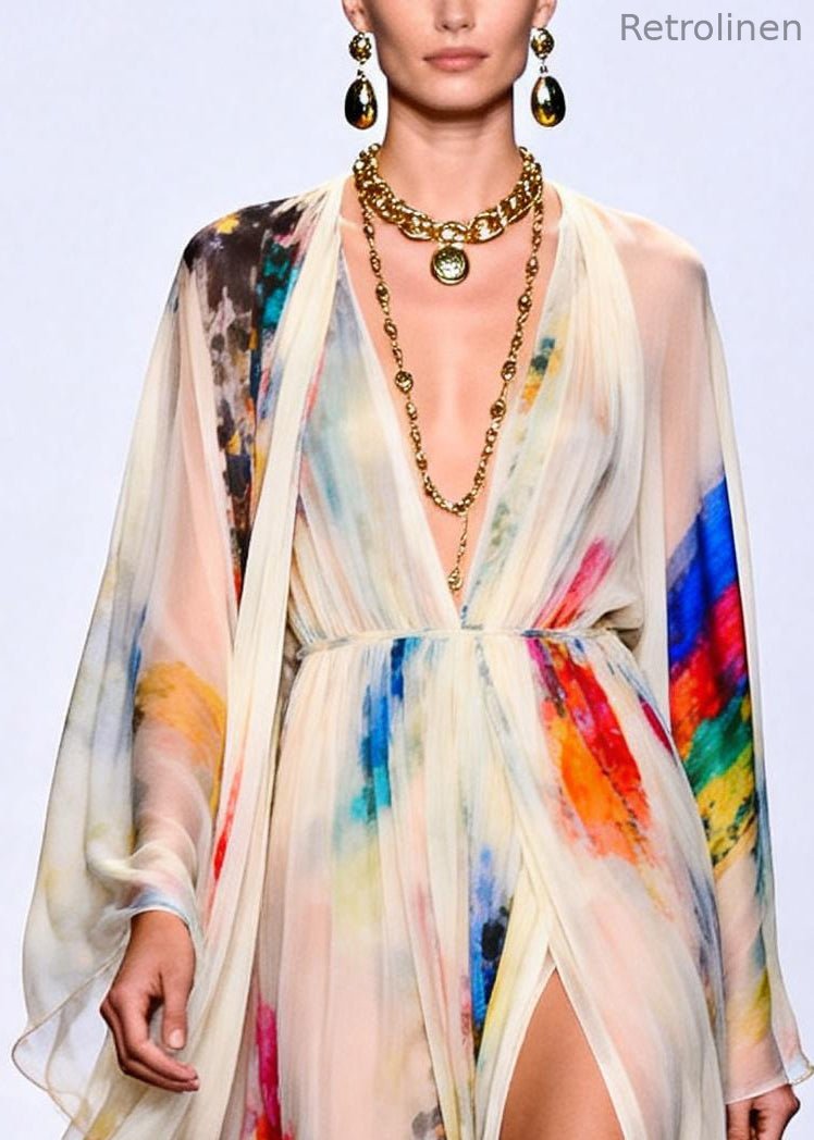 Modern White Tie Dye Side Open Chiffon Dress Two Pieces Set Summer