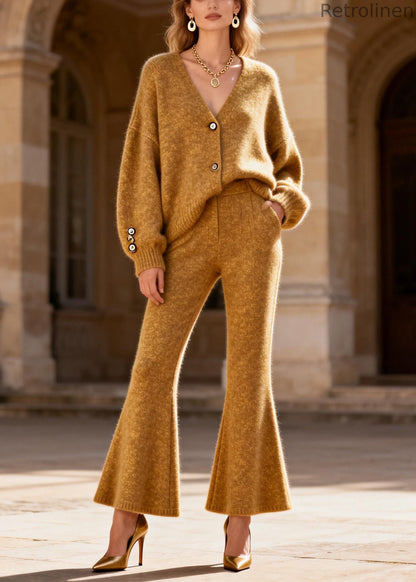 Loose Yellow V Neck Cotton Knit Cardigans and Flared Trousers Two Pieces Set Spring