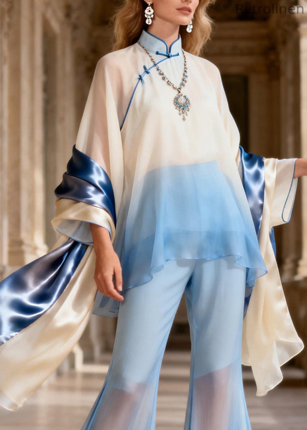 New Retro Mandarin Collar Silk Two Pieces Set Spring