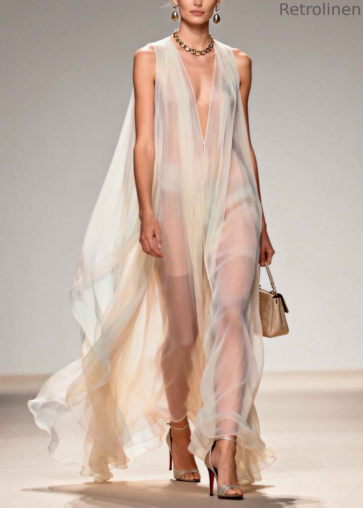 V Neck Chiffon Long Dresses Sleeveless
