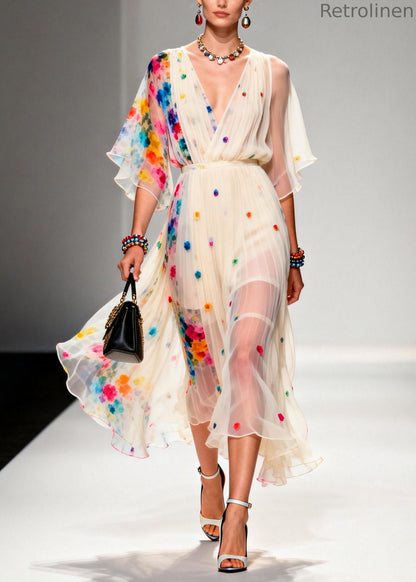Modern Apricot V Neck Patchwork Chiffon Ankle Dress Summer