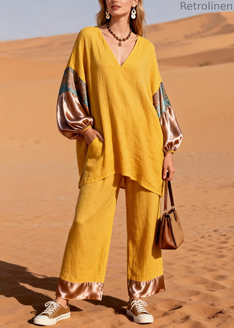 Art Yellow V Neck Patchwork Linen Silk Two Piece Set Spring