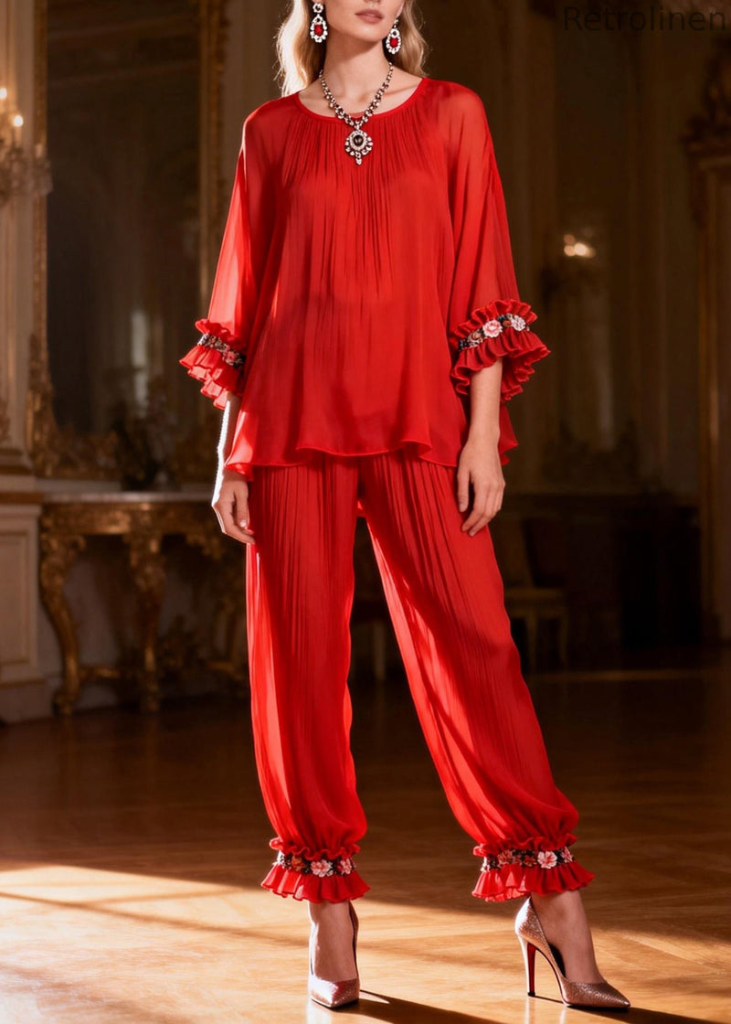 Red Ruffled Two Pieces Set O Neck Spring