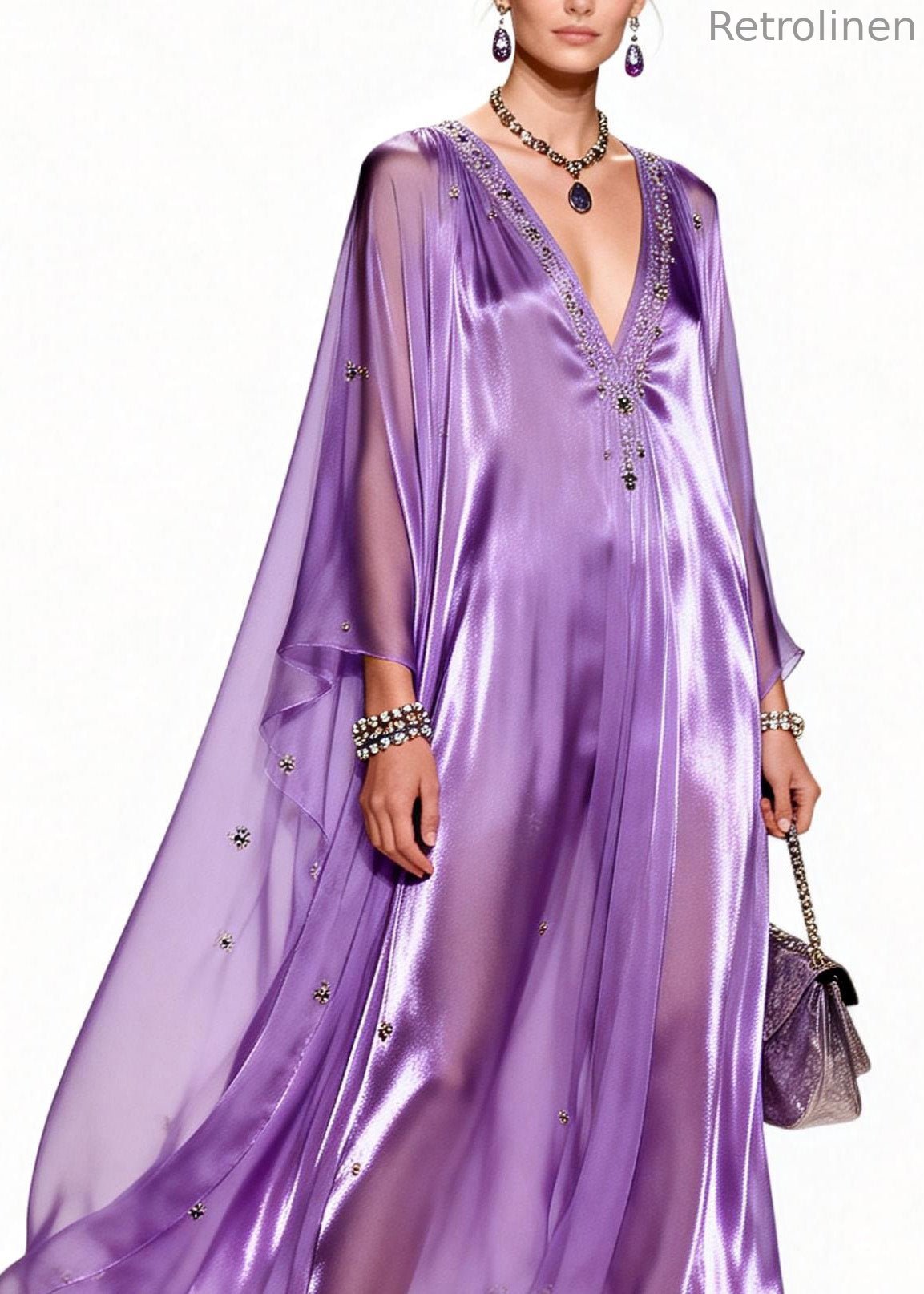 Italian Purple V Neck Zircon Patchwork Chiffon Dresses Summer