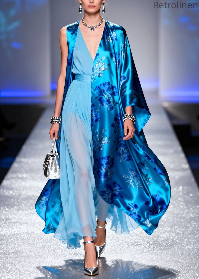 V Neck Print Silk Cardigans and Chiffon Dress Two Piece Set Summer