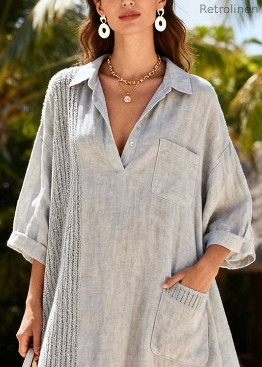 Grey Oversized Patchwork Cotton Shirt Dresses Spring