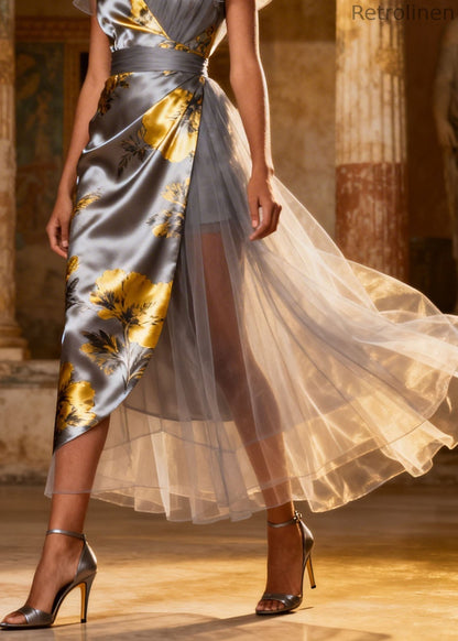 Grey V Neck Tulle Patchwork Silk Long Dress Summer