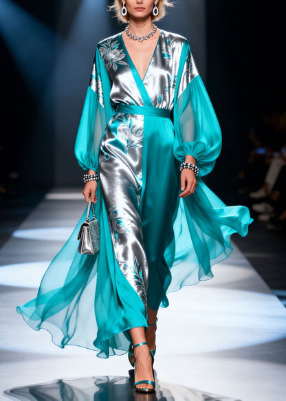 Colorblock V Neck Print Patchwork Silk Dress Lantern Sleeve