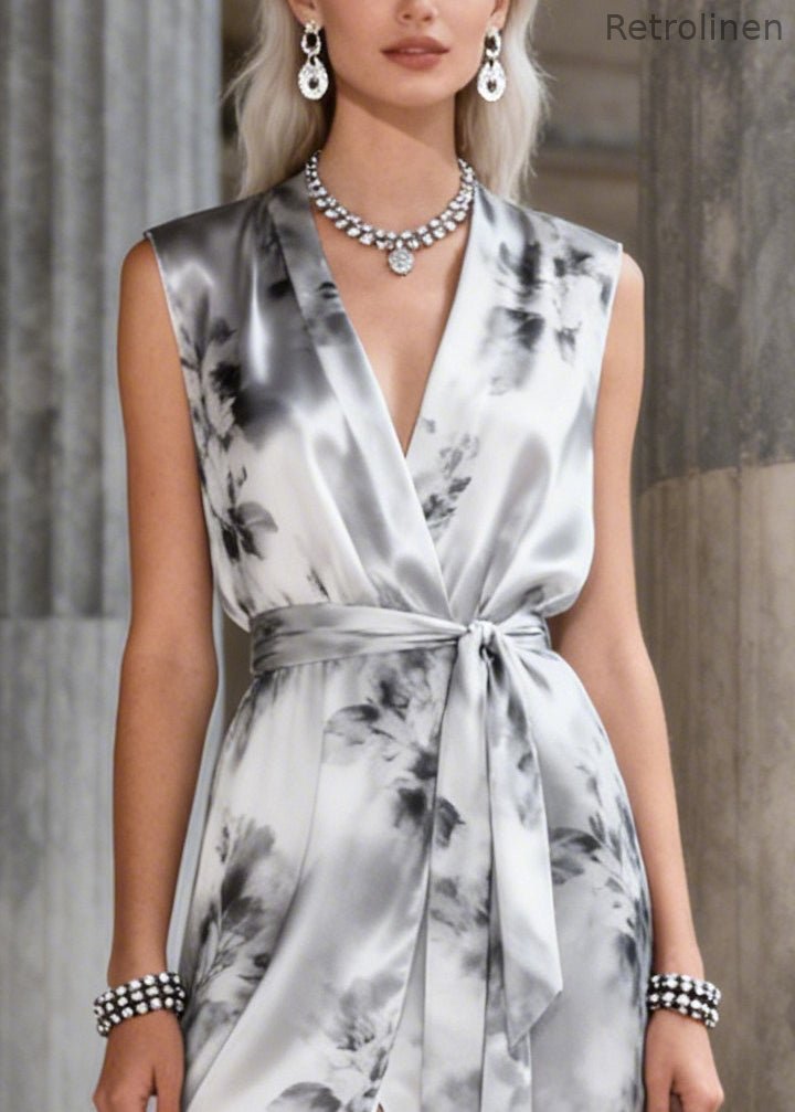 French Grey Ruffled Tie Dye Chiffon Robe Dresses Sleeveless