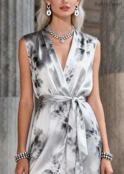 French Grey Ruffled Tie Dye Chiffon Robe Dresses Sleeveless