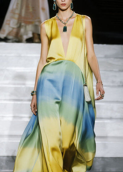 Natural Gradient Color V Neck Patchwork Chiffon Dress Sleeveless