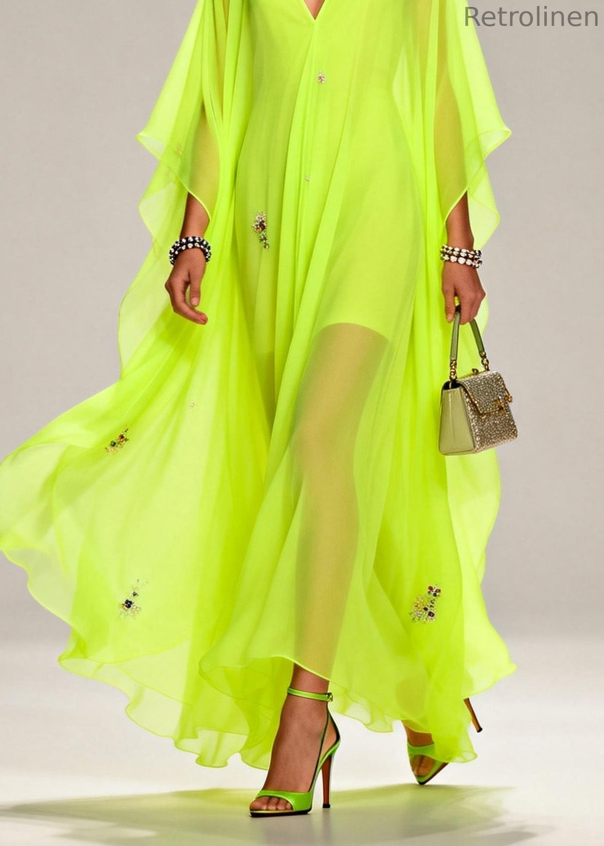 Handmade Fluorescent Green V Neck Zircon Chiffon Dresses Summer
