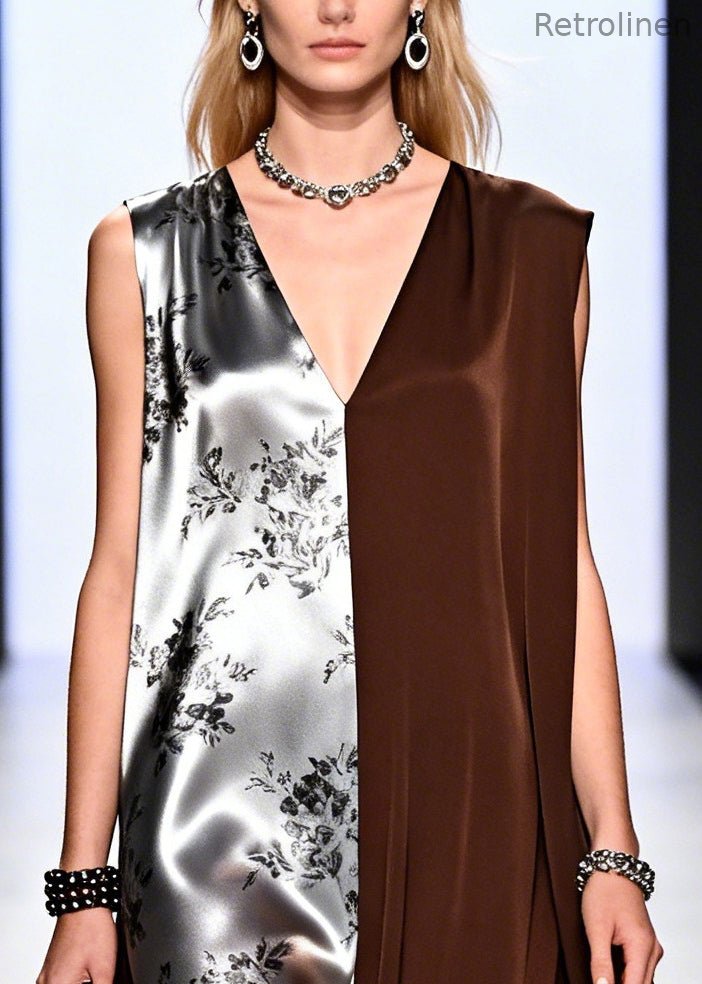 Chocolate Patchwork Chiffon Long Dress Asymmetrical Design Summer