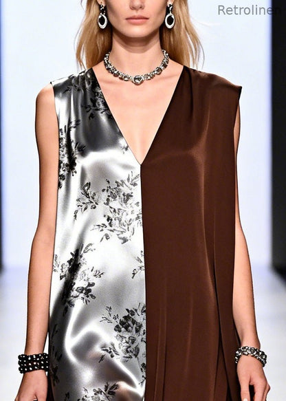 Chocolate Patchwork Chiffon Long Dress Asymmetrical Design Summer