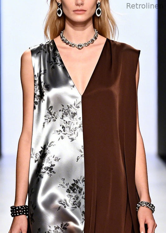 Chocolate Patchwork Chiffon Long Dress Asymmetrical Design Summer