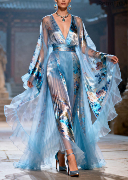 Blue Ruffled Print Chiffon Maxi Dresses Summer
