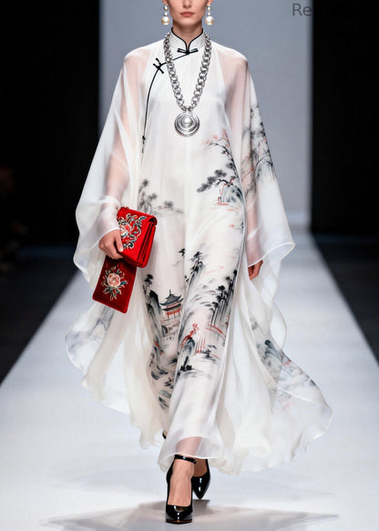 White Stand Collar Print Chiffon Long Dress Spring